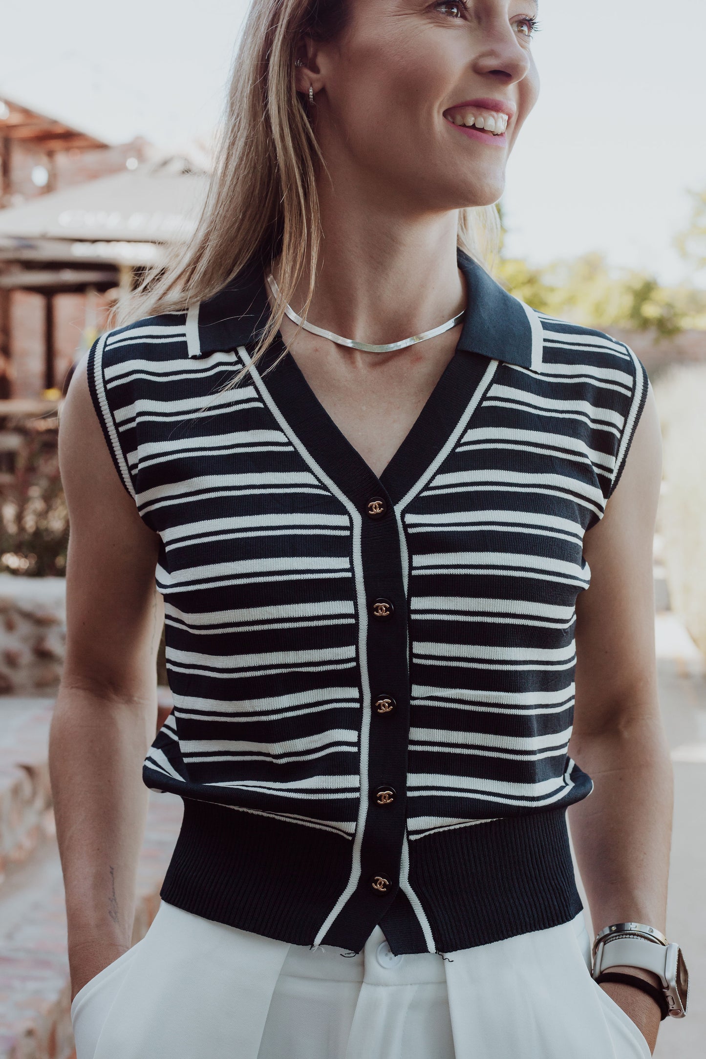 Clara Button-Up - Navy & White