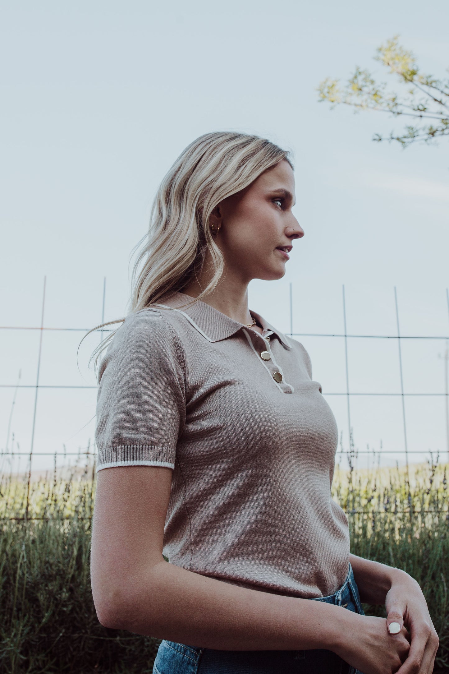 Knit button T - Beige