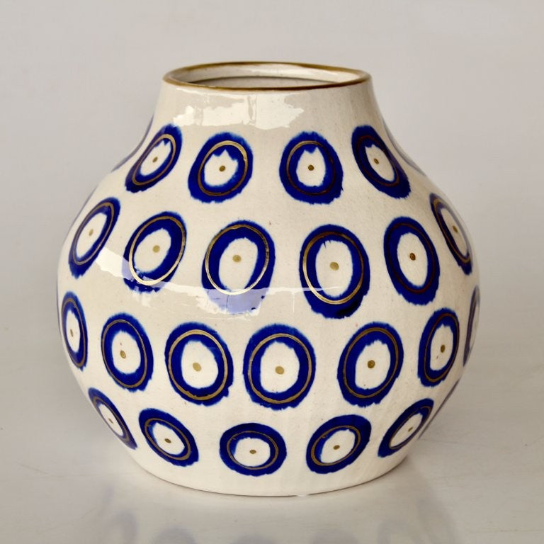 EXTRA LARGE BLUE VASE GOLD TRIM 37X34CM