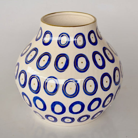 MEDIUM BLUE VASE GOLD TRIM 27X26CM